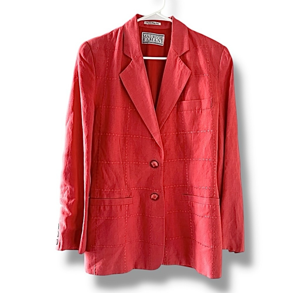 Vintage 80s/90s Maurizio Ramani Pink Embroidered Windowpane Blazer Womens Size 6